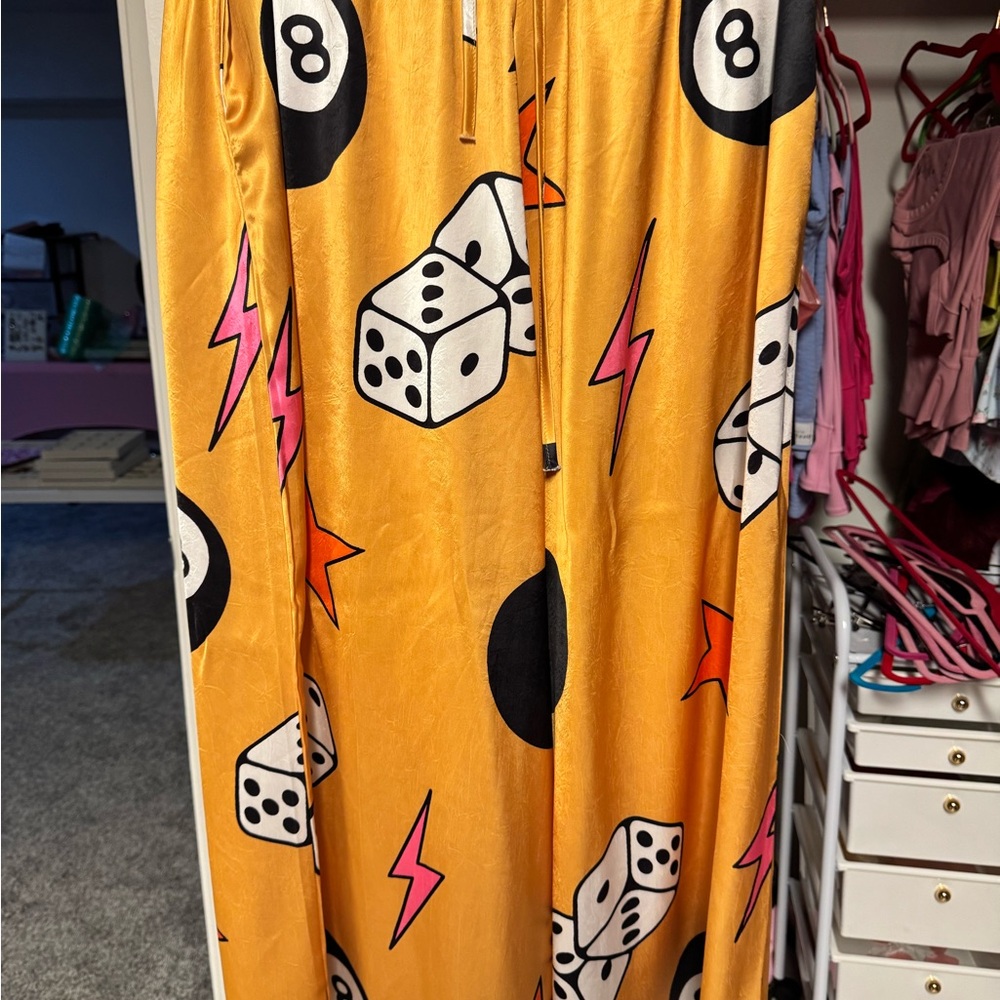 Yellow Printed Wide-Leg Pants with Dice & Lightning Motif